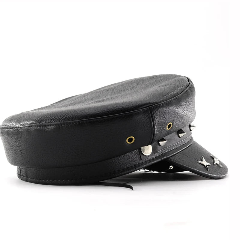 PU Leather Punk Military Cap Women Skull Chain Hat