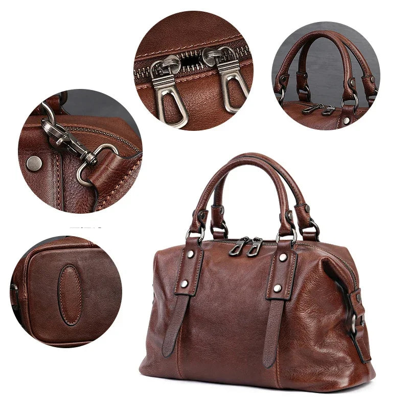 Genuine Leather Boston Bag – Women's Designer Shoulder Handbag with Wide Strap