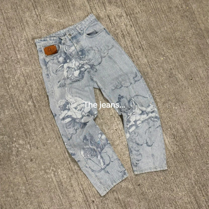 Angel Print Baggy Jeans – Y2K Cupid Graphic Streetwear Denim