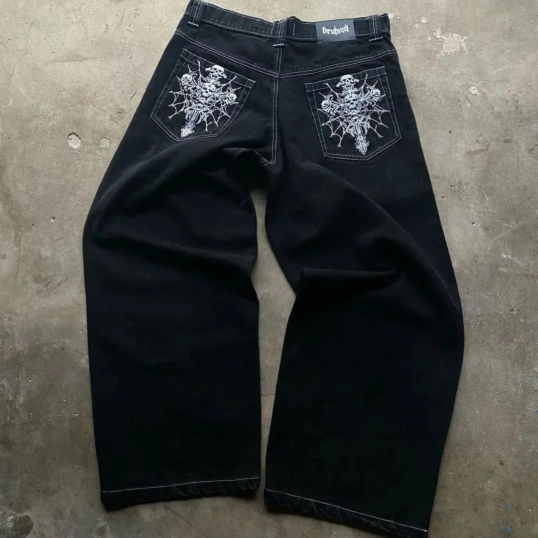 Y2K Skull Embroidered Baggy Jeans for Men