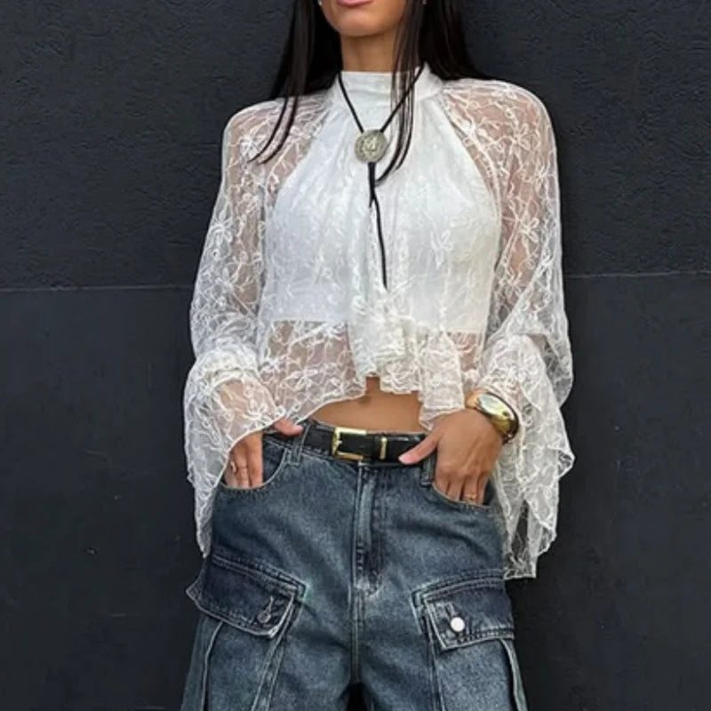 Women's Floral Lace Sheer Poncho Top – Off Shoulder Chiffon Cape