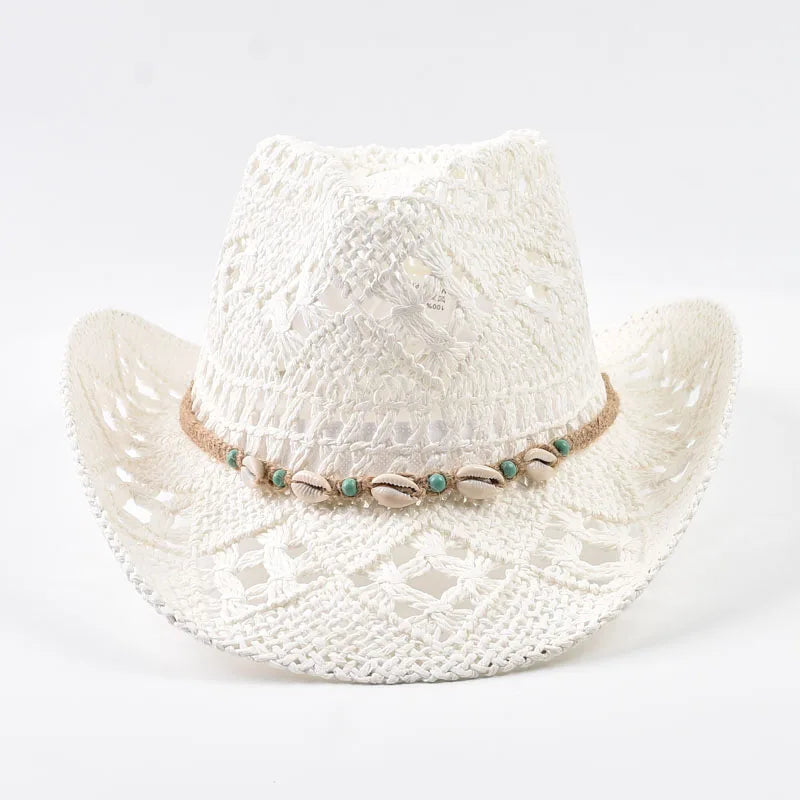 Wide Brim Straw Beach Hat with Shell Band