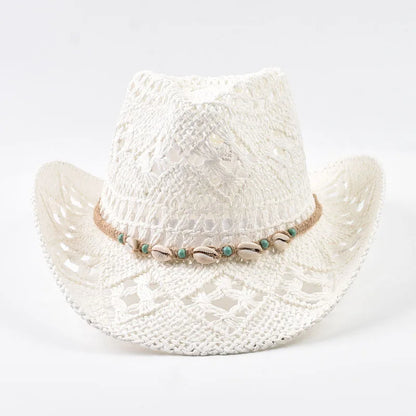 Wide Brim Straw Beach Hat with Shell Band