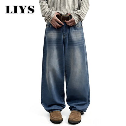 Men's Baggy Jeans – Retro Washed Blue Straight-Leg Denim Pants