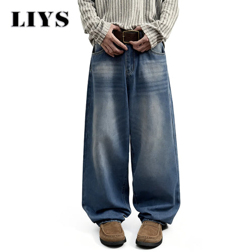 Men's Baggy Jeans – Retro Washed Blue Straight-Leg Denim Pants