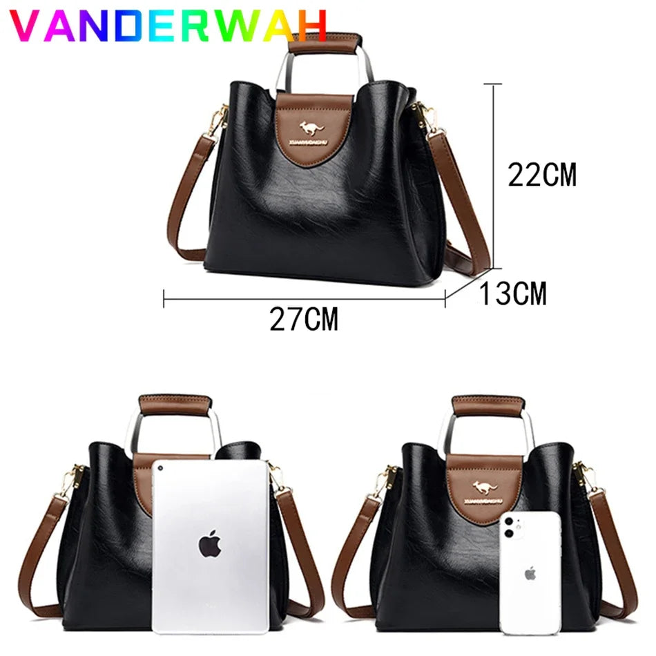 Luxury Oil Skin Leather Tote Bag for Women – 3-Layer Shoulder Handbag