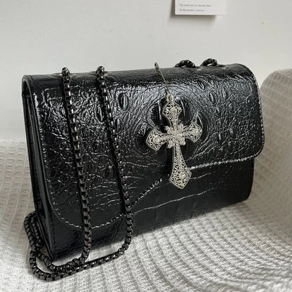 Vintage Black Gothic Underarm Bag Women Cross Faux Crocodile