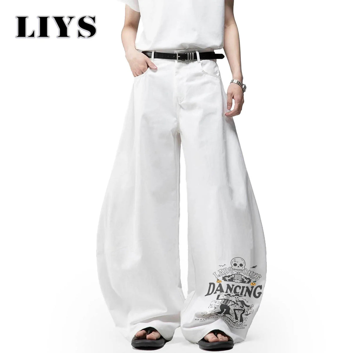 Wide Leg Baggy Jeans Men – Skeleton Dancing Print White Denim