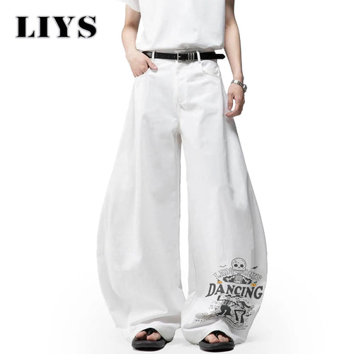 Wide Leg Baggy Jeans Men – Skeleton Dancing Print White Denim