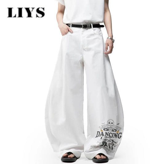 Wide Leg Baggy Jeans Men – Skeleton Dancing Print White Denim