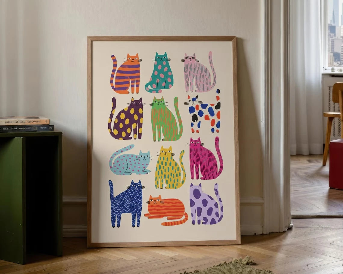 Colorful Cat Art Print Whimsical Wall Poster