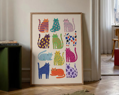 Colorful Cat Art Print Whimsical Wall Poster