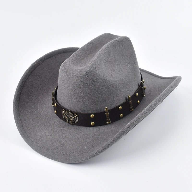 Men Women Western Cowboy Hat Leather Vintage Big-Edge Gentleman Cowgirl Cloche Church Caps
