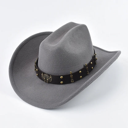 Men Women Western Cowboy Hat Leather Vintage Big-Edge Gentleman Cowgirl Cloche Church Caps