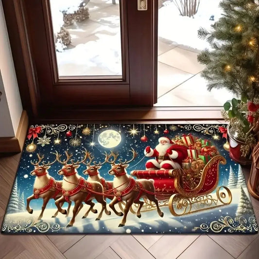 Christmas Santa Reindeer Sleigh Rug – Non-Slip Holiday Floor Mat