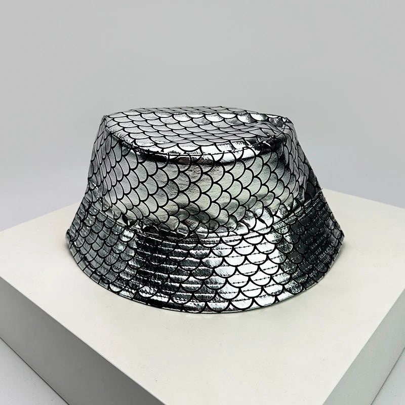 Holographic PU Leather Bucket Hat – Reflective Unisex Fisherman Cap