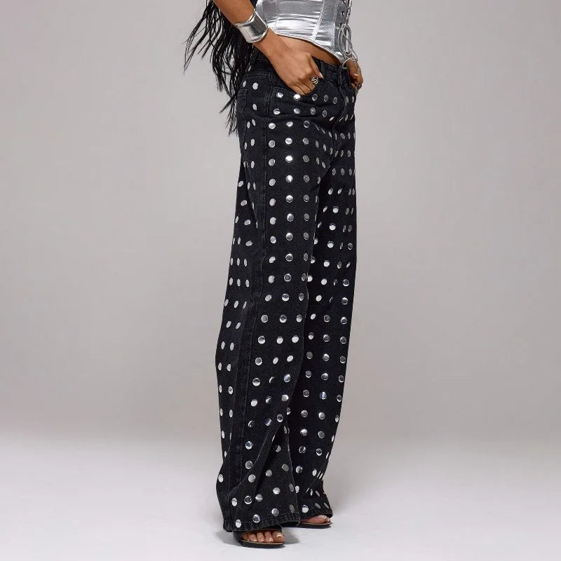 Mirror Rivet Baggy Straight-Leg Jeans – Y2K Mid-Waist Women's Trousers