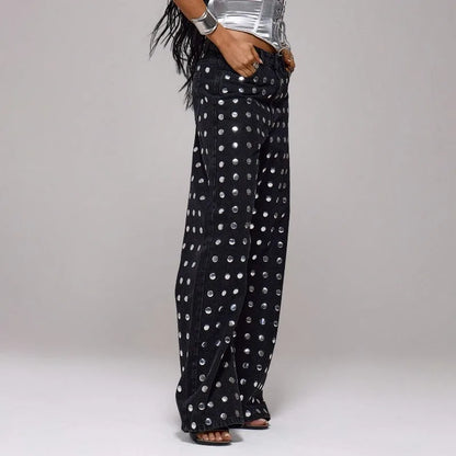 Mirror Rivet Baggy Straight-Leg Jeans – Y2K Mid-Waist Women's Trousers