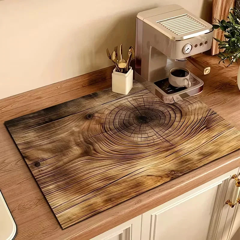 Kitchen Drying Mat – Rustic Wood Grain Non-Slip Dish Draining Pad