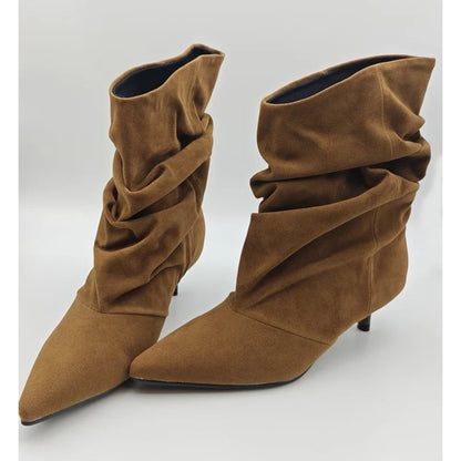 Pleated Suede Ankle Boots Women Pointed Toe Kitten Heel