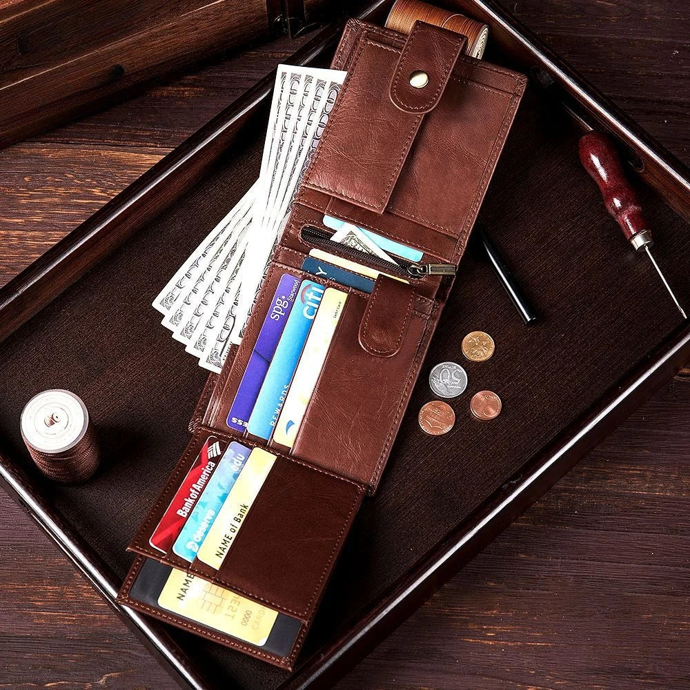 Men's Genuine Cowhide Leather Bifold Wallet with Snap Closure