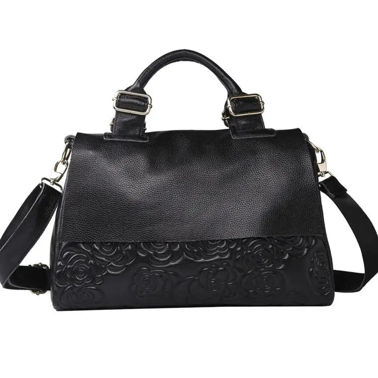 Floral Embossed Genuine Leather Handbag – Women's Shoulder Bag