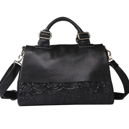 Floral Embossed Genuine Leather Handbag – Women's Shoulder Bag