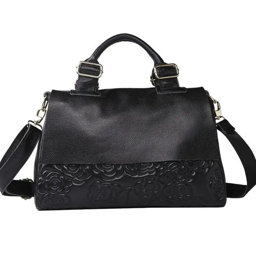 Floral Embossed Genuine Leather Handbag – Women's Shoulder Bag