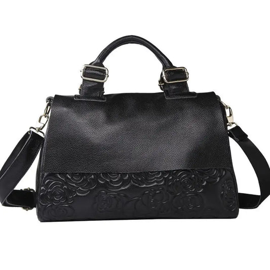 Floral Embossed Genuine Leather Handbag – Women's Shoulder Bag