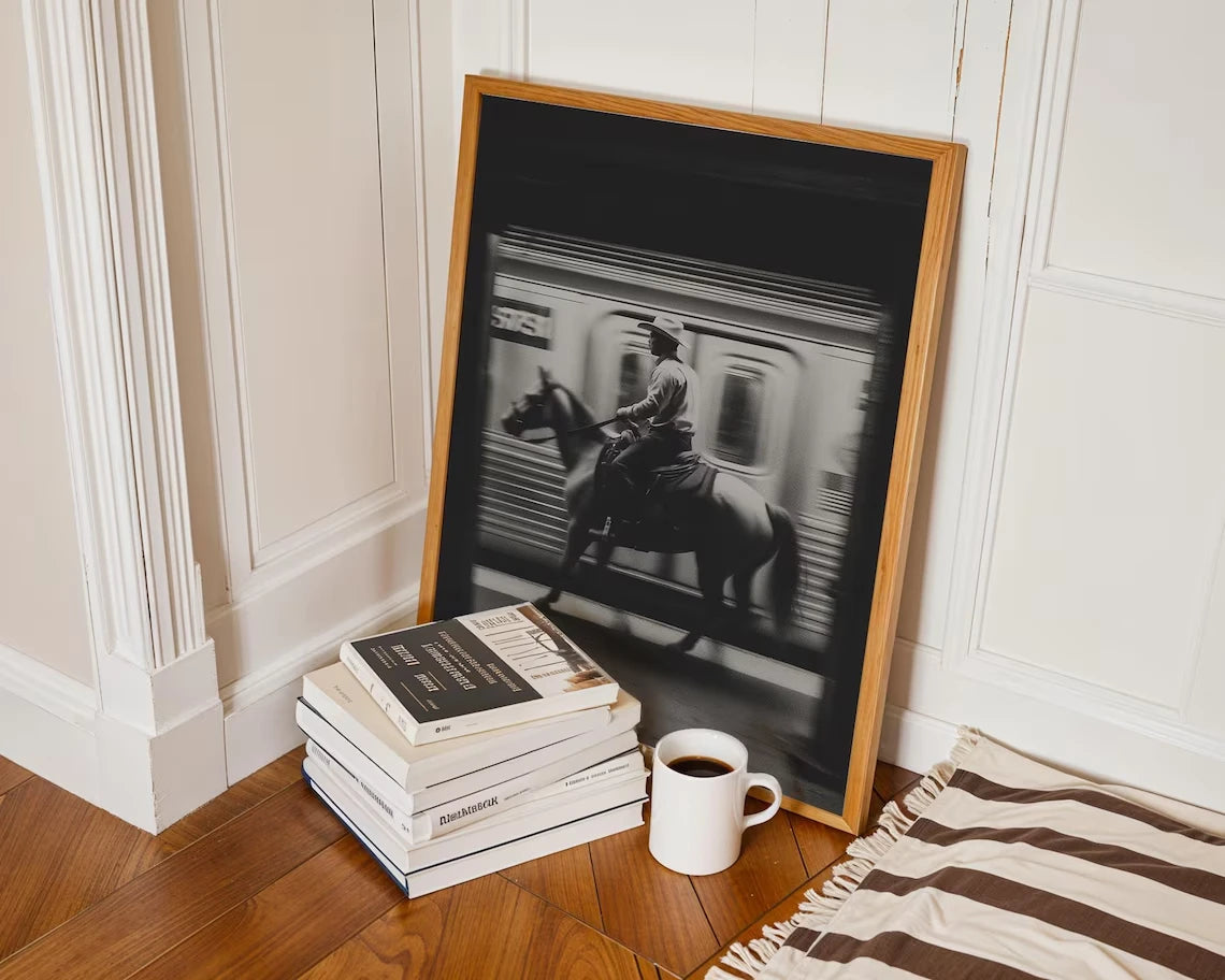 NYC Cowboy Subway Wall Art Print – Black & White Western Poster