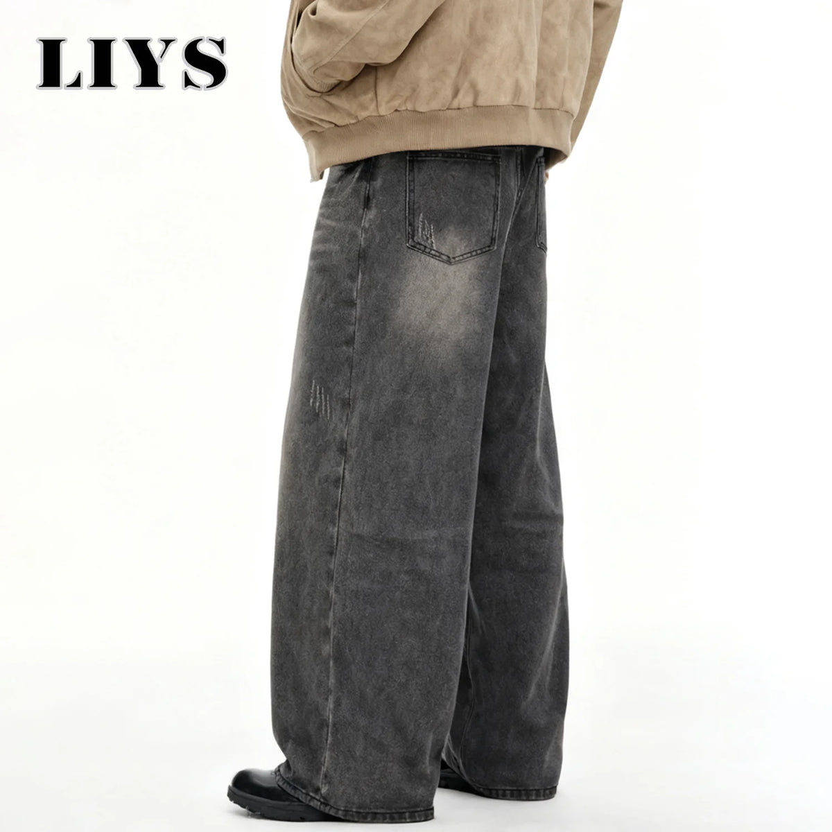 Men S American Retro Gray Baggy Wide Leg Jeans Daily Business Casual Loose Straight Denim Pants Four