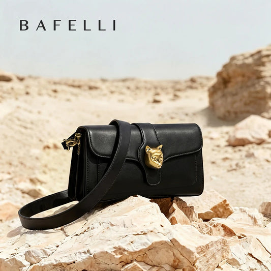 Leather Baguette Crossbody Shoulder Bag with Cat Clasp