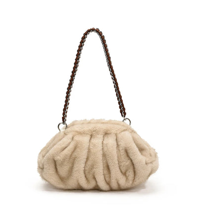 Pleated Design Faux Fur Shoulder Bags