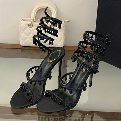 Crystal Pendant Stiletto Sandals – Rhinestone Ankle Strap Heels