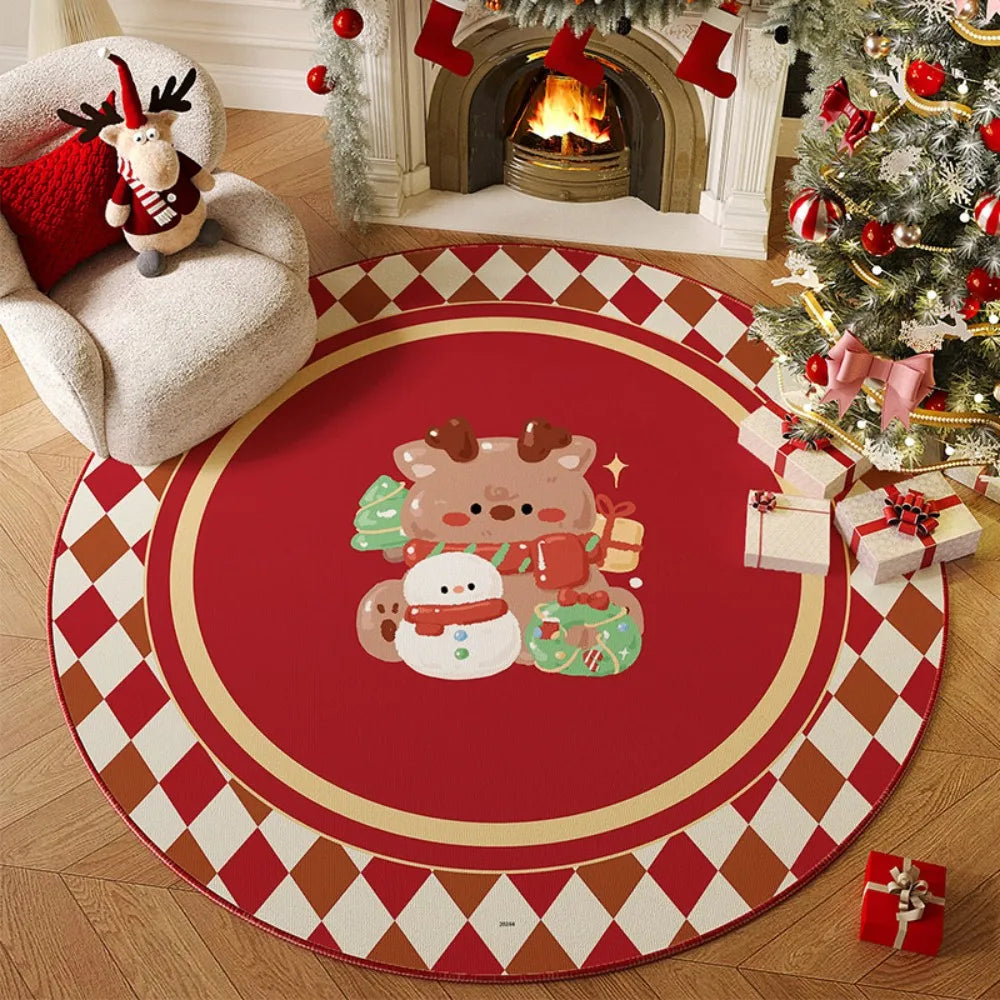 Christmas Round Rug – Reindeer & Tree Anti-Slip Carpet