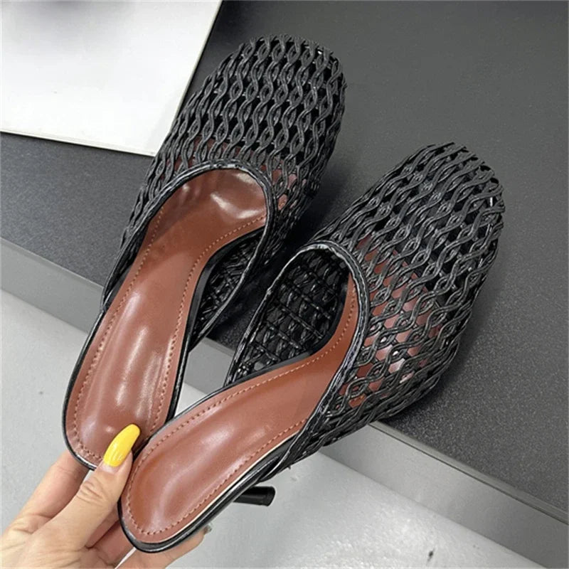 Eilyken Mesh Weave Mule Heels – Women's Hollow Out Stiletto Slippers