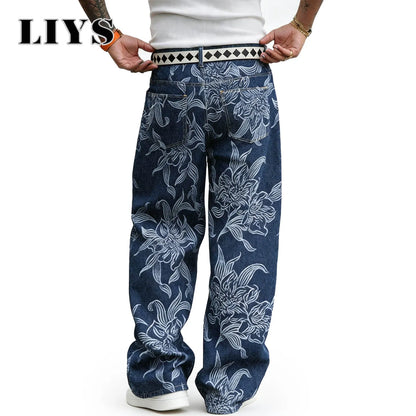Men's Floral Print Loose Straight Jeans – Retro Streetwear
