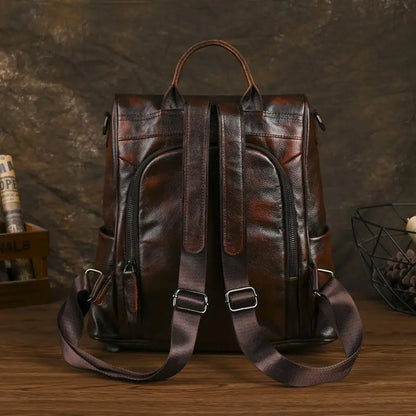 Vintage Wax Cowhide Leather Backpack for Women | Retro Flap