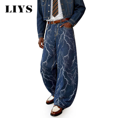 LIYS Lightning Print Baggy Wide Leg Jeans – Blue Streetwear Denim