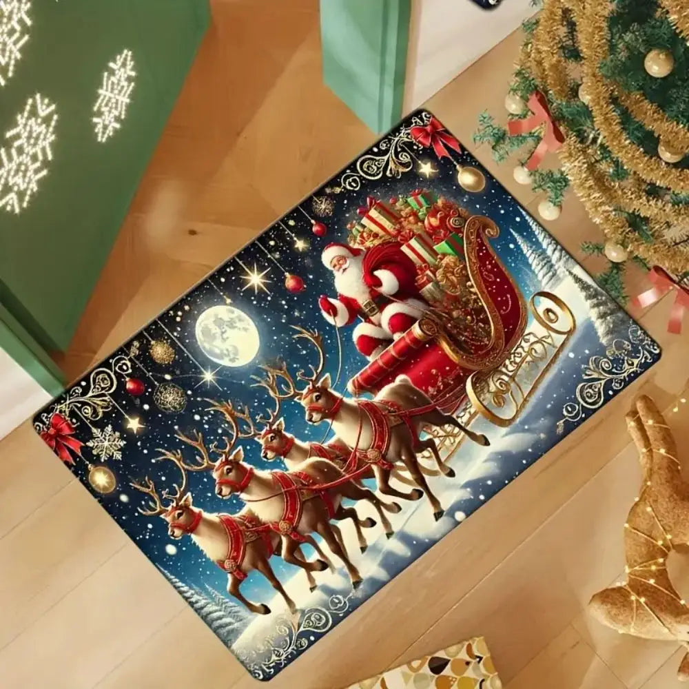Christmas Santa Reindeer Sleigh Rug – Non-Slip Holiday Floor Mat