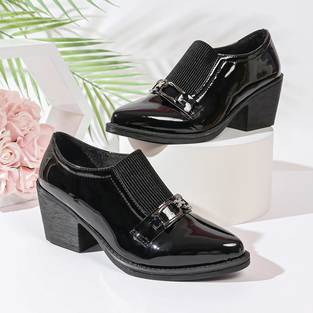 Women's Pointed Toe Block Heel Shoes – British Style Patent Leather