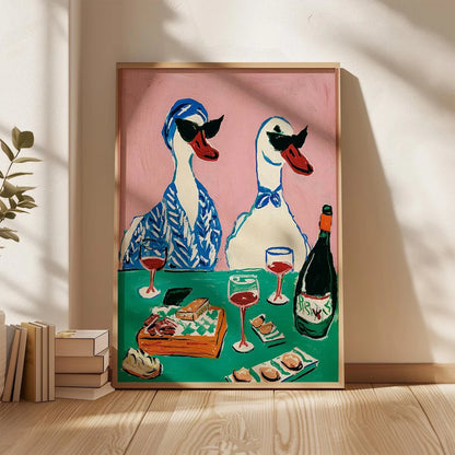 Duck Wine Party Art Print – Quirky Animal Poster for Kitchen & Dining Room