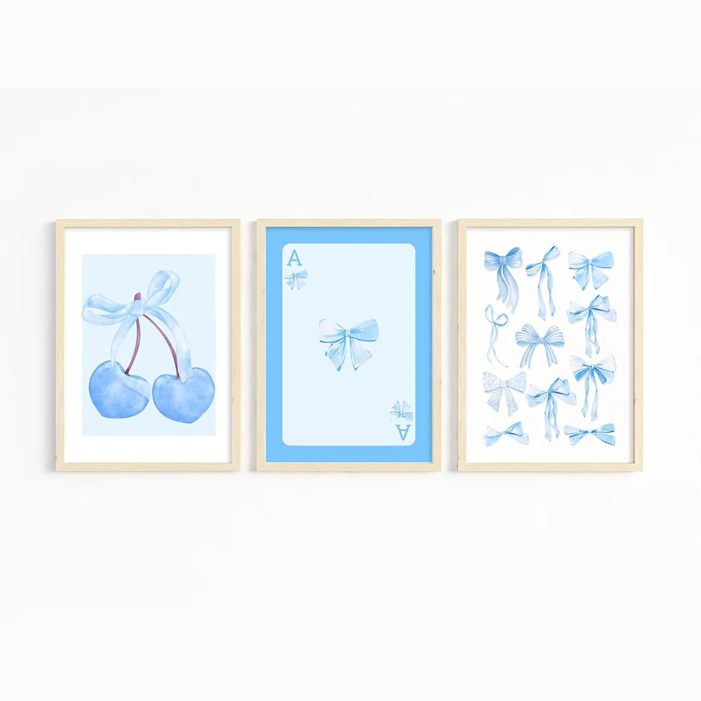 Pink Bow Wall Art Poster Set – Watercolor Cherry & Ace Card Prints