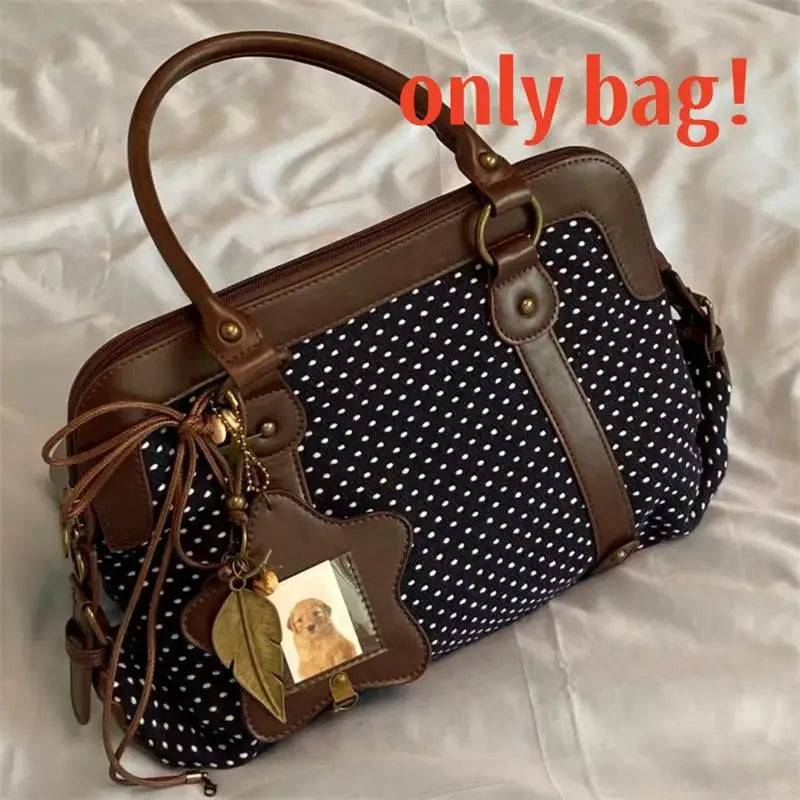 Vintage Polka Dot Tote Bag Women Preppy Style Large Capacity Handbag