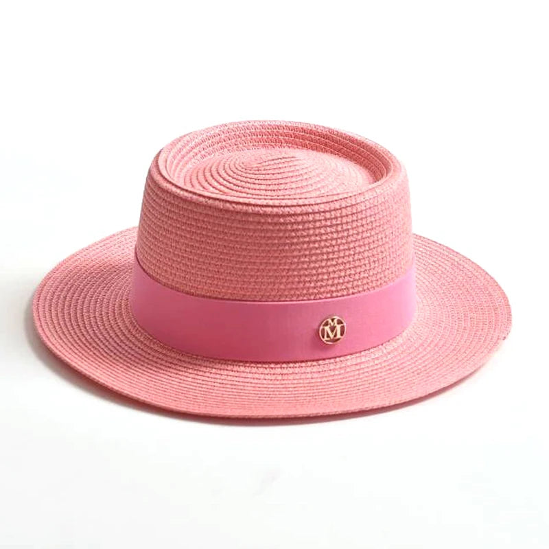Women's Straw Sun Hat Flat Brim Ribbon Beach Hat