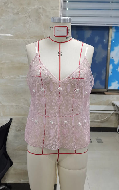 Sequin Beaded Camisole Top Women Sleeveless V-Neck Open Back Vest