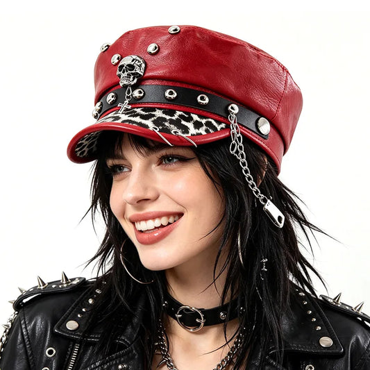Punk Skull Military Cap – Women's Y2K PU Leather Flat Top Hat with Rivets & Chain