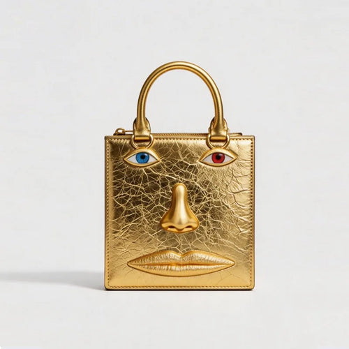 Face Art Leather Handbag – Gold-Tone Metal Accents