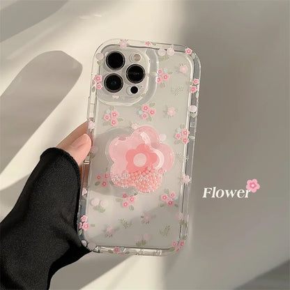 Flower Quicksand Grip Phone Case with Pop Holder – Clear Floral TPU Cover