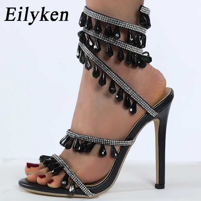 Eilyken Crystal Rhinestone Stiletto Sandals – Women's Wrap Strap Heels